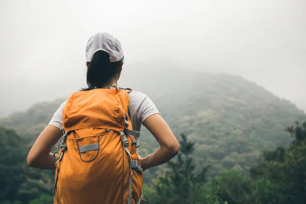 Vrouw Backpacker Genieten Van Het Uitzicht Het Bergdal Ochtend — Stockfoto