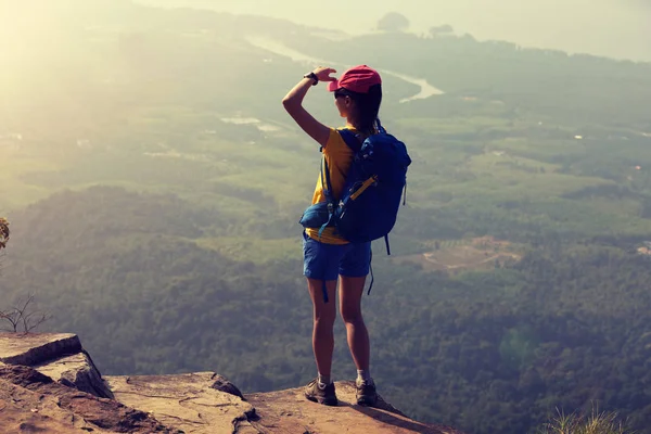 Úspěšná Žena Turista Stojí Okraji Útesu Vrchol Hory — Stock fotografie