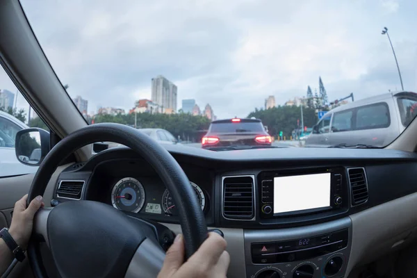 Woman Driving Car City Street — Stock Photo, Image