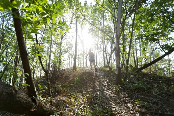 Deportista Ultramaratón Pista Campo Través Corriendo Bosque Tropical Otoño — Foto de Stock