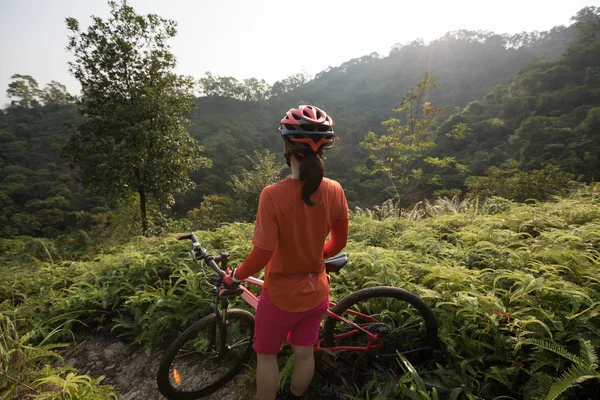 Tropikal Orman Yolunda Dağ Bisikleti Süren Bisikletli Kadın Bisikletçi Manzaraya — Stok fotoğraf