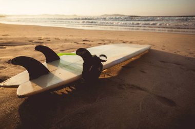 Güneşin doğuşunda kumlu sahilde sörf tahtası