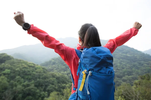 Cheering Kobieta Turysta Cieszący Się Widokiem Poranną Górską Dolinę — Zdjęcie stockowe