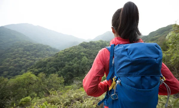 Female Backpacker Enjoying View Morning Mountain Valley — ストック写真