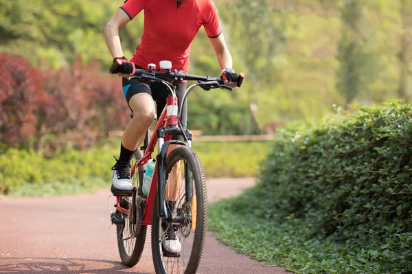 Cultivado Ciclista Femenina Montando Bicicleta Montaña Aire Libre — Foto de Stock