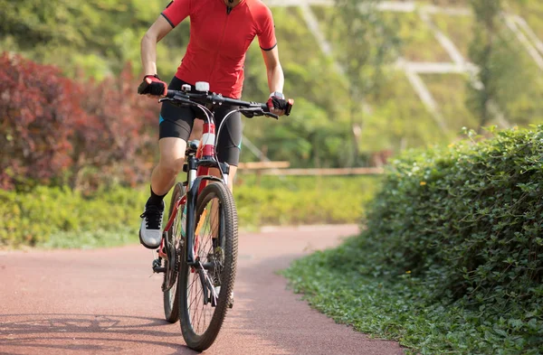 Cultivado Ciclista Femenina Montando Bicicleta Montaña Aire Libre — Foto de Stock