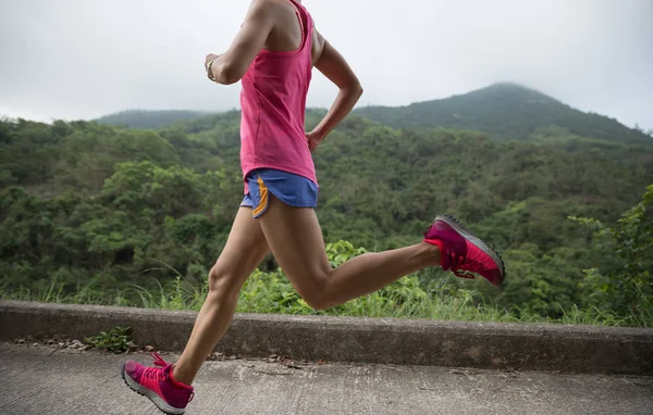 Sporty Young Woman Sportswear Trail Running Forest Mountain Path — Stock Photo, Image