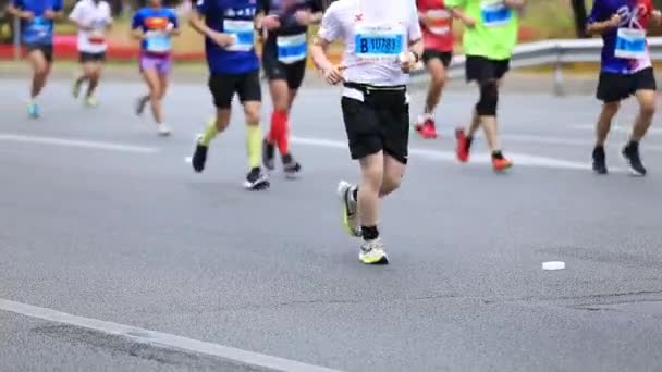 中国深圳 2019年12月15日 男女马拉松选手在城市道路上慢跑 — 图库视频影像