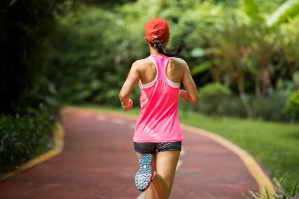 Female Runner Running Park Trail Healthy Fitness Woman Jogging Outdoors — 스톡 사진