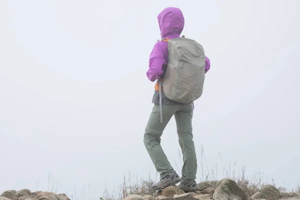 Mujer Senderismo Cima Montaña Brumosa —  Fotos de Stock