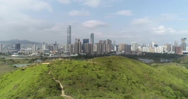 Rural Green Fields Fish Ponds Hong Kong Skyline Shenzhen China — Stock Video