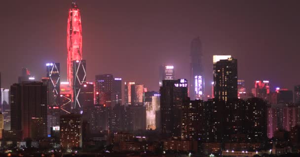 Όμορφο Νυχτερινό Τοπίο Ουρανοξύστες Και Φωτίζοντας Κτίρια Του Shenzhen Κίνα — Αρχείο Βίντεο