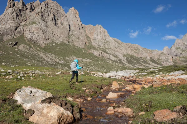 Junge Frau Ruckelt Auf Hoher Grüner Wiese — Stockfoto