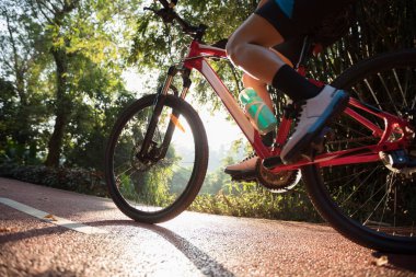 Güneşli bir günde parktaki bisiklet yolunda bisiklet süren bir kadın.