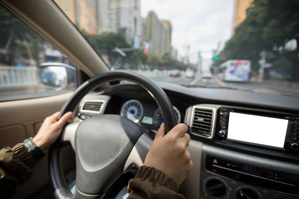 Hands Woman Driving Car City Street Chinese Spring Festival Shenzhen — Stock Photo, Image