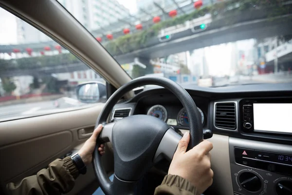 Hands Woman Driving Car City Street Chinese Spring Festival Shenzhen — Stock Photo, Image