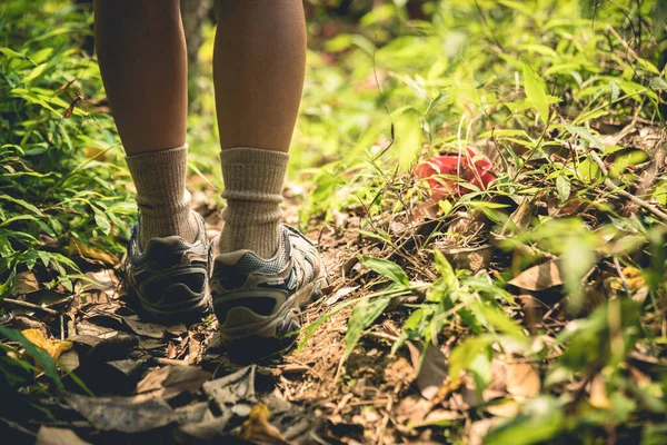 Poten Van Vrouwelijke Wandelaar Wandelen Pad Lente Bergen — Stockfoto