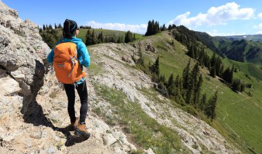 Dişi yürüyüşçü, dağın tepesinde uçurumun kenarında dikilip manzaranın keyfini çıkarıyor.