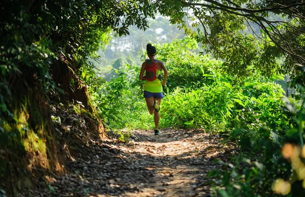 Young Woman Running Tropical Forest Sunrise — Stock Photo, Image