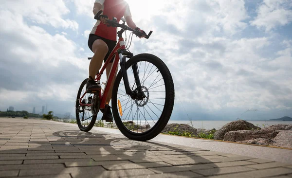 Cultivado Ciclista Femenina Montar Bicicleta Montaña Sendero Costa — Foto de Stock