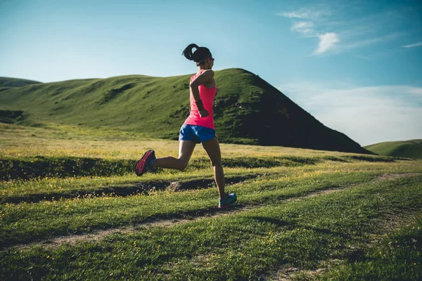 Jonge Fitness Vrouwelijke Trail Runner Hardlopen Grote Hoogte Grasland — Stockfoto