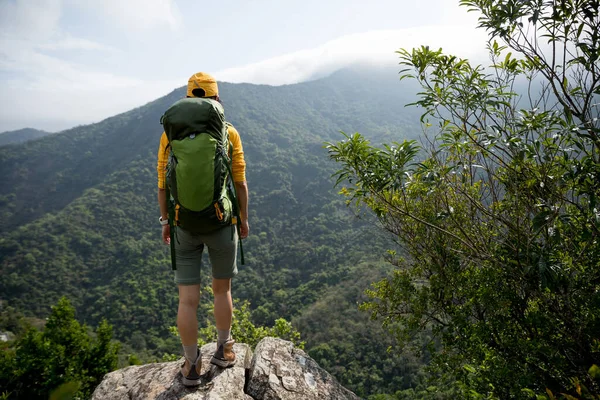 Erfolgreiche Wanderin Genießt Aussicht Auf Felskante Des Berges — Stockfoto