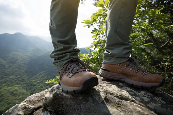 Successful Hiker Enjoy View Mountain Top Cliff Edge — Stock Photo, Image