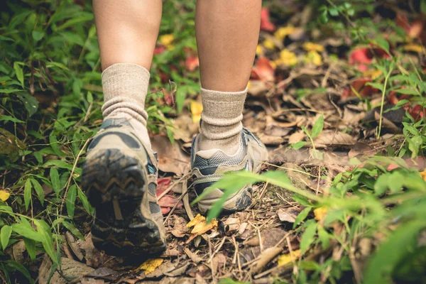 Woman Hiker Legs Walking Trail Spring Mountains — Stock Photo, Image