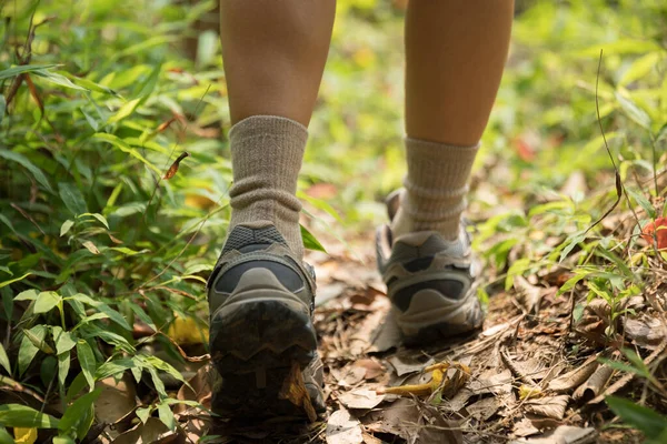 Vrouw Wandelaar Benen Wandelen Pad Het Voorjaar Bergen — Stockfoto