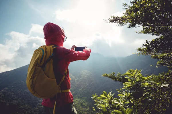 Succesvolle Wandelaar Met Smartphone Bergtop — Stockfoto