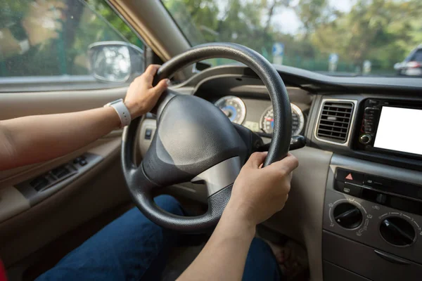 People Hands Holding Steering Wheel While Driving Car City Road — Stock Photo, Image