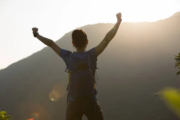 Erfolgreiche Wanderung Auf Den Gipfel Des Sonnenaufgangs Sommer — Stockfoto