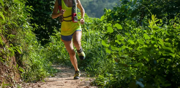 Ung Kvinna Spår Löpare Som Springer Soluppgången Tropisk Skog — Stockfoto