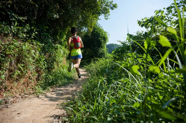 Young Woman Trail Runner Running Sunrise Tropical Forest — Stock Photo, Image