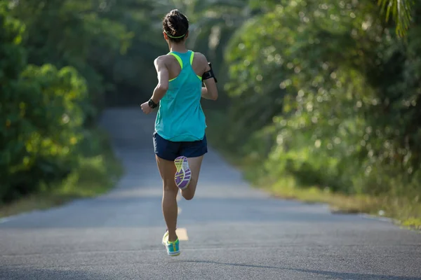 Young Fitness Woman Running Tropical Forest Trail — Stock Photo, Image