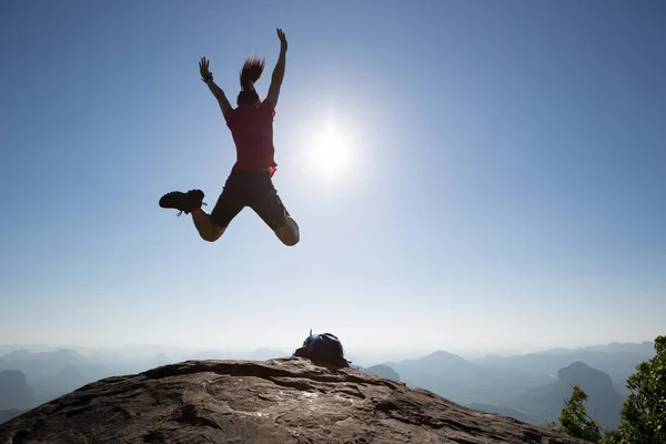 Successful Woman Hiker Jumping Sunrise Mountain Top — Stock Photo, Image