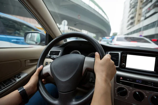 People Hands Holding Steering Wheel While Driving Car City Road — Stock Photo, Image