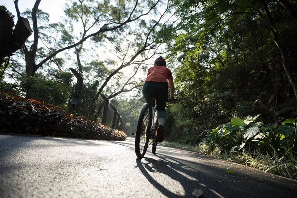 Γυναίκα Ποδηλασία Ποδήλατο Μονοπάτι Στο Πάρκο Την Ηλιόλουστη Μέρα — Φωτογραφία Αρχείου