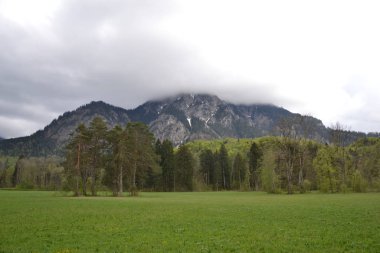 Bulutlu havada Bavyera Alplerinde yürümek
