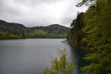 Bulutlu havada Bavyera Alplerinde yürümek