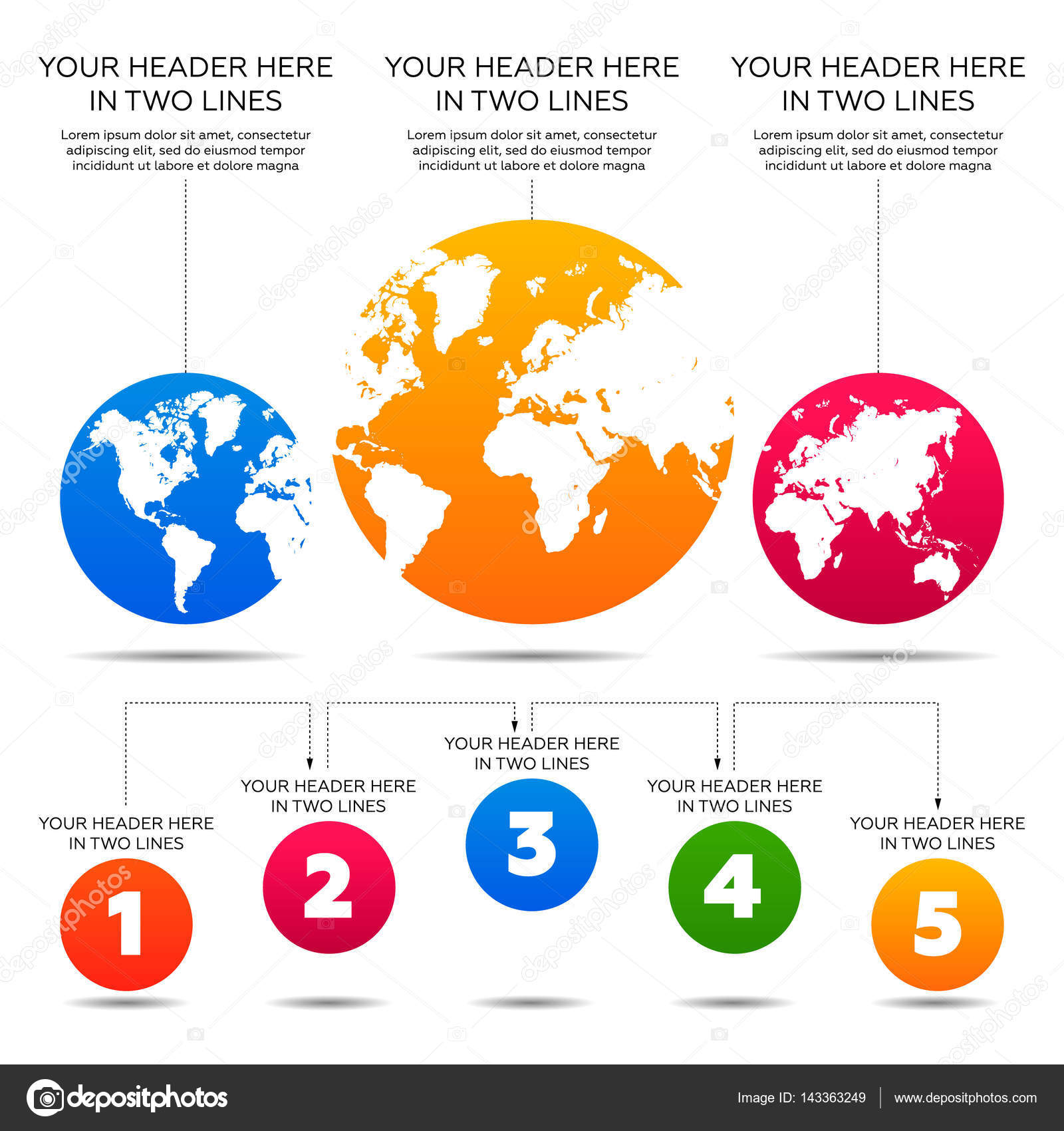 Elementos de infografía. Mapa del mundo, 5 pasos — Vector