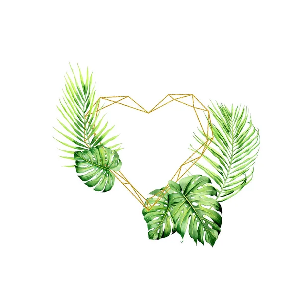 Watercolor Golden Frames Tropical Plants Leaves Flowers Great Valentines Wedding — 스톡 사진