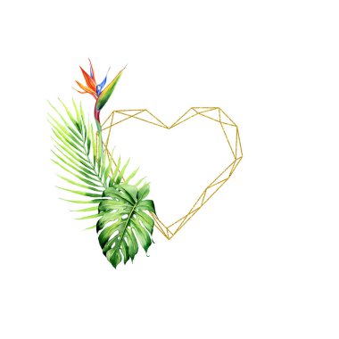 Tropikal bitkilerle suluboya buketler, yapraklar ve strelitzia çiçekleri. Sevgililer günü, düğün davetiyeleri, Hawaii doğum günü ve plaj partisi için harika.