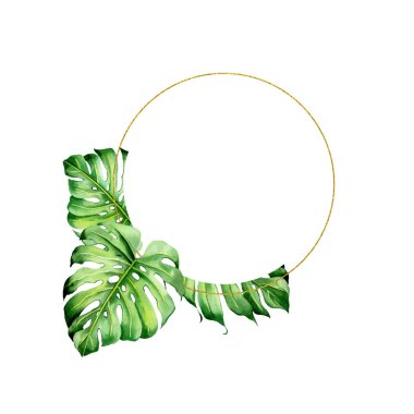 Tropikal bitkilerle suluboya buketler, yapraklar ve strelitzia çiçekleri. Sevgililer günü, düğün davetiyeleri, Hawaii doğum günü ve plaj partisi için harika.