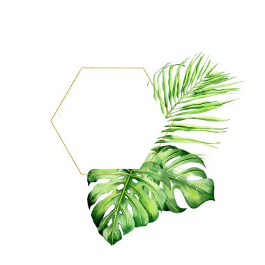 Tropikal bitkilerle suluboya buketler, yapraklar ve strelitzia çiçekleri. Sevgililer günü, düğün davetiyeleri, Hawaii doğum günü ve plaj partisi için harika.