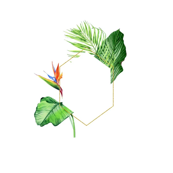 Watercolor Golden Frames Tropical Plants Leaves Flowers Great Valentines Wedding — 스톡 사진