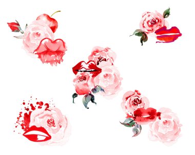 Dudakları ve gülleri olan suluboya romantik set tırmanışlar, düzenlemeler, buketler. Düğün için harika, sevgililer günü, evlenme teklifi, hediye