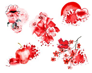 Dudakları ve gülleri olan suluboya romantik set tırmanışlar, düzenlemeler, buketler. Düğün için harika, sevgililer günü, evlenme teklifi, hediye