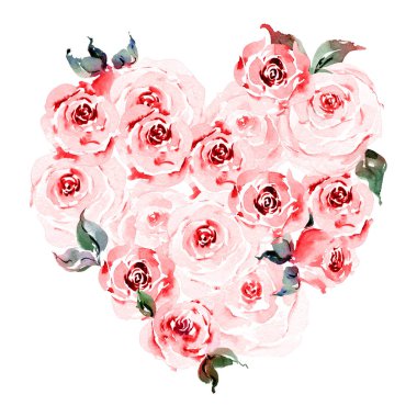 Dudakları ve gülleri olan suluboya romantik set tırmanışlar, düzenlemeler, buketler. Düğün için harika, sevgililer günü, evlenme teklifi, hediye