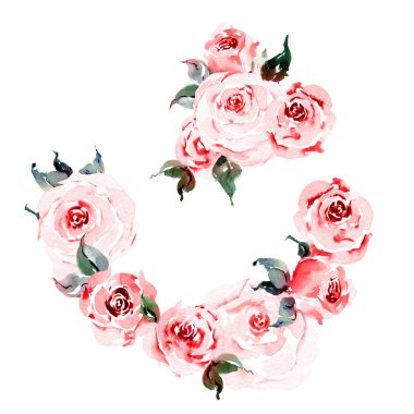 Dudakları ve gülleri olan suluboya romantik set tırmanışlar, düzenlemeler, buketler. Düğün için harika, sevgililer günü, evlenme teklifi, hediye